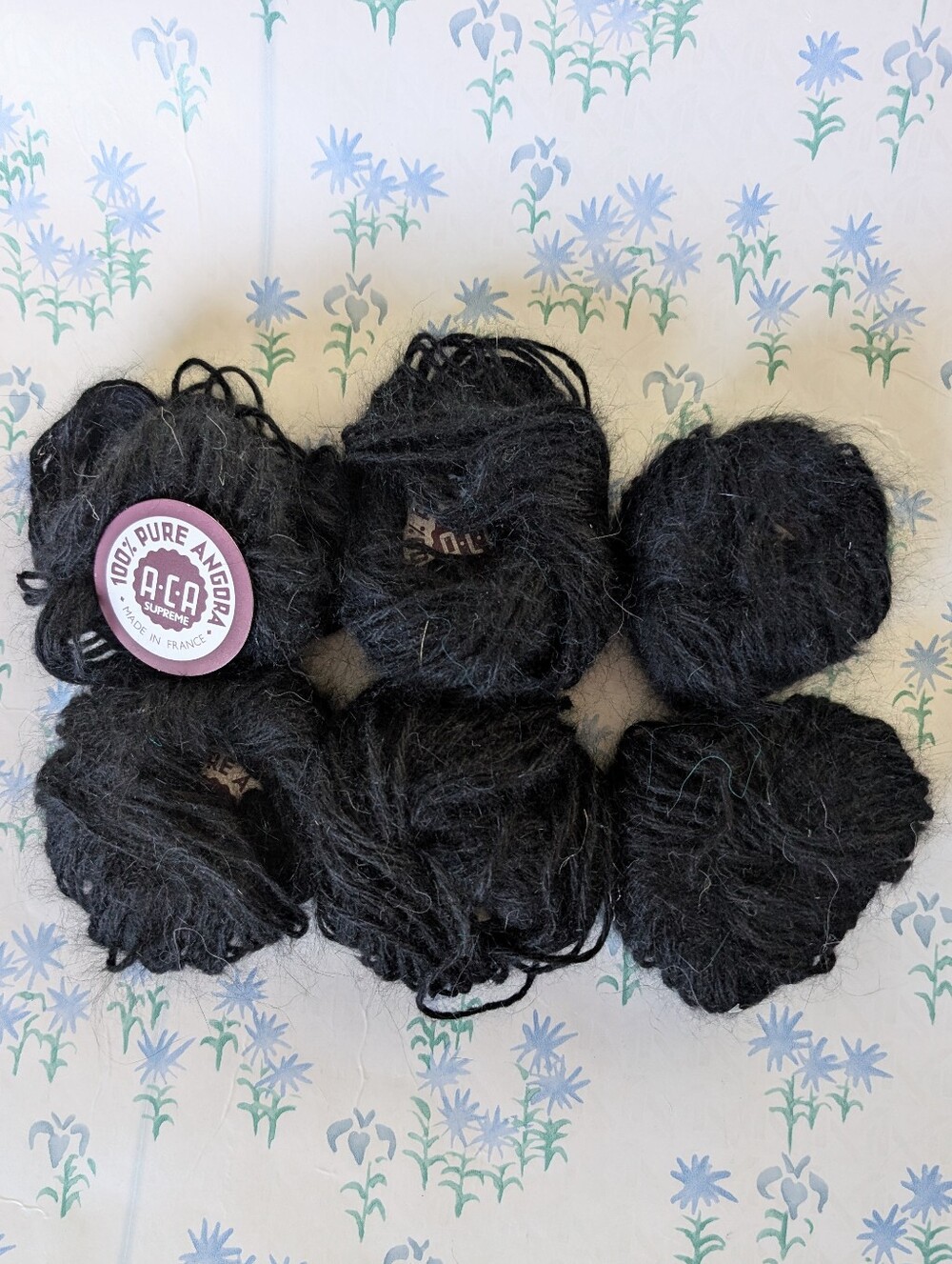 ACA Supreme Pure Angora Rabbit Yarn NEW Black Group of 6 10 grams Balls France